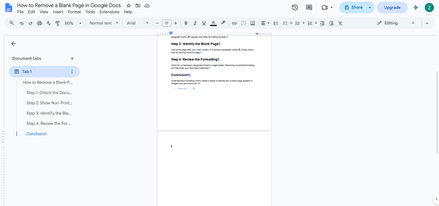 Google Docs document with a blank last page and non-printing characters turned on