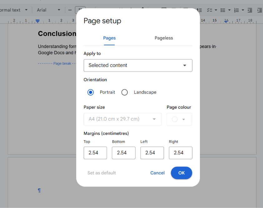 Google Docs Page setup dialog with the Pages tab and margin fields visible