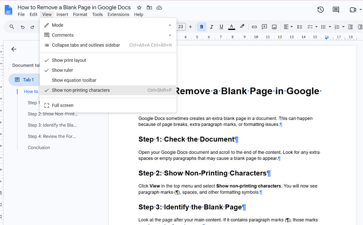 View menu in Google Docs with Show non-printing characters selected