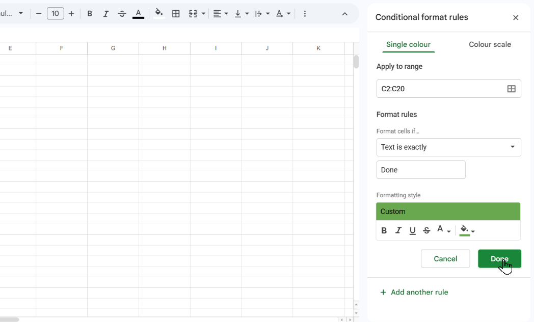 Conditional formatting panel with a rule that colors cells containing “Done”
