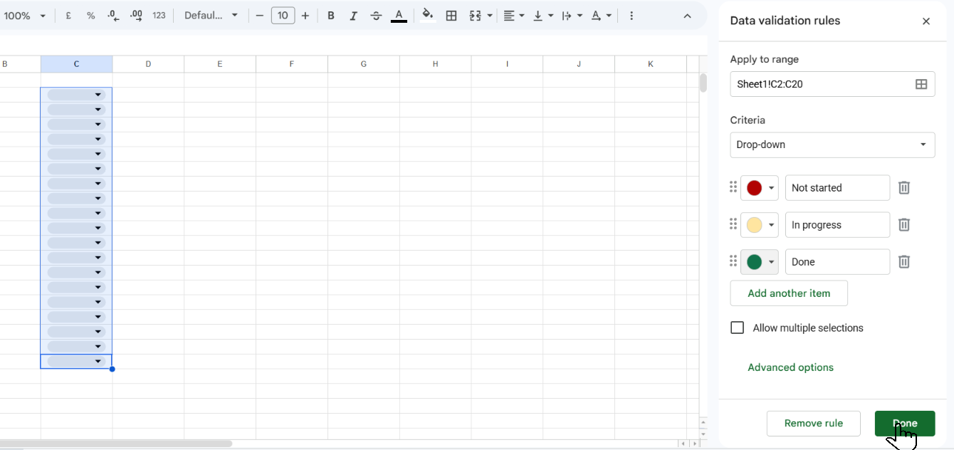 Data validation rules panel with three drop-down items entered under Criteria