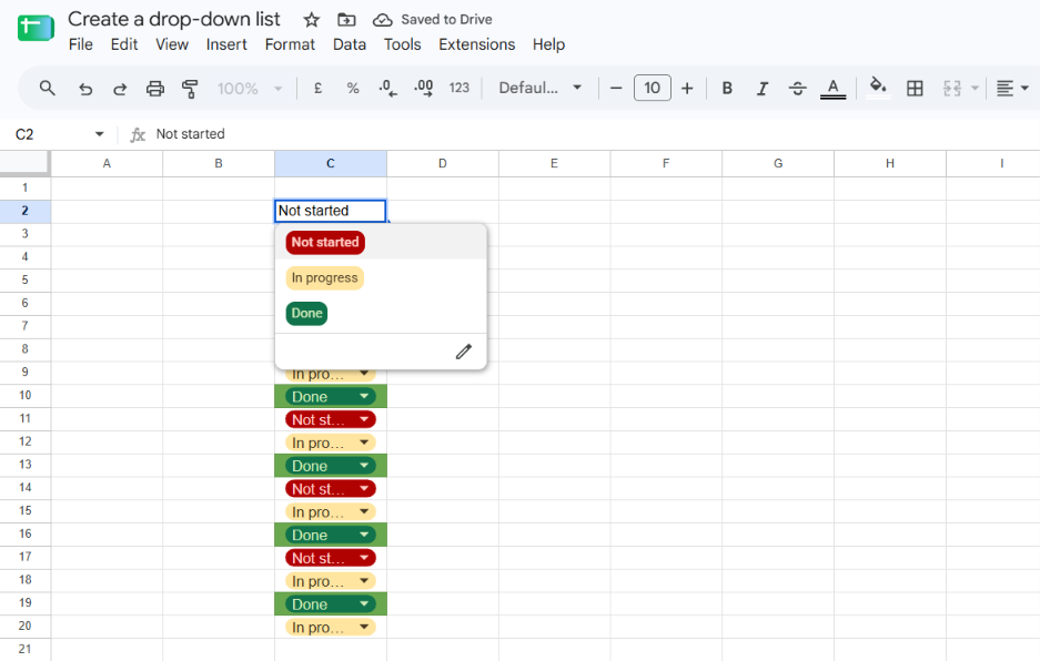 Google Sheets cell showing an open drop-down list with three status options