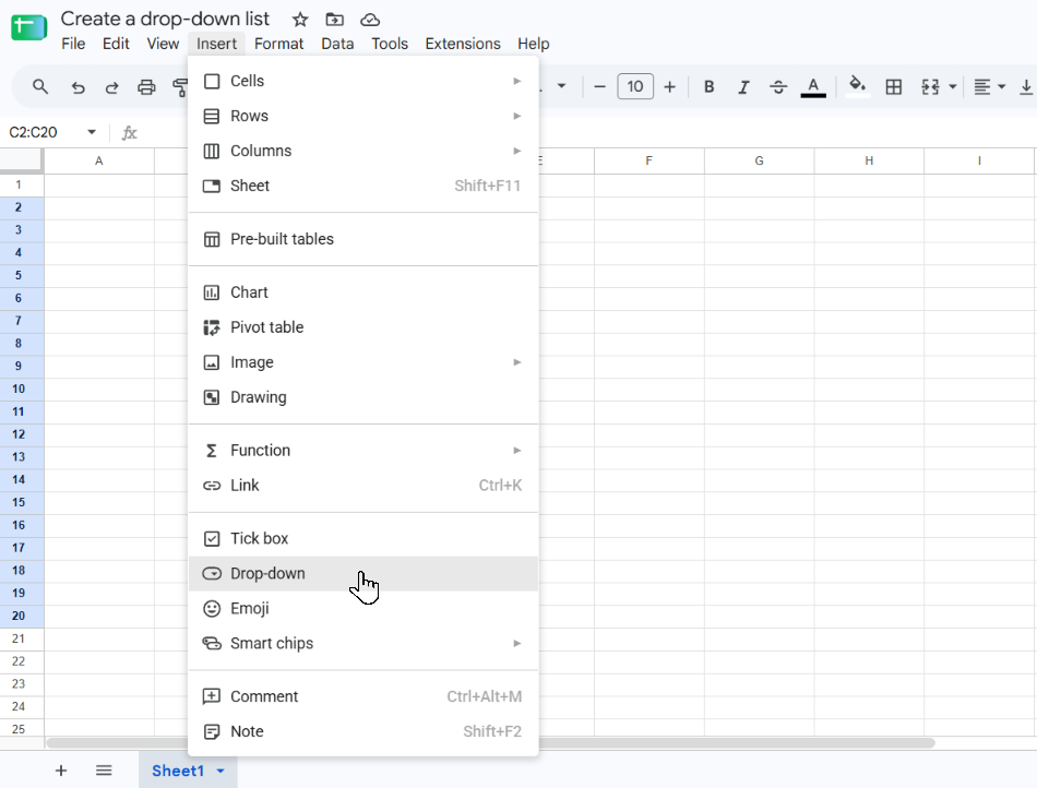 Google Sheets Insert menu with the Dropdown option highlighted