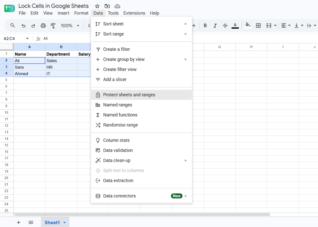 Google Sheets Data menu with Protect sheets and ranges highlighted