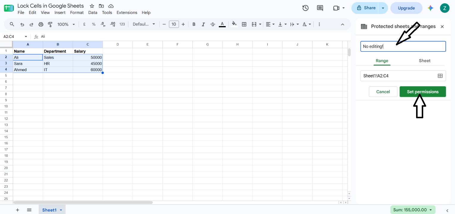 Protected sheets and ranges side panel with the Range tab selected and A1:B10 entered
