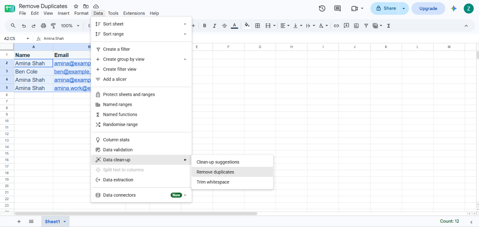 Data menu open with Remove duplicates option visible