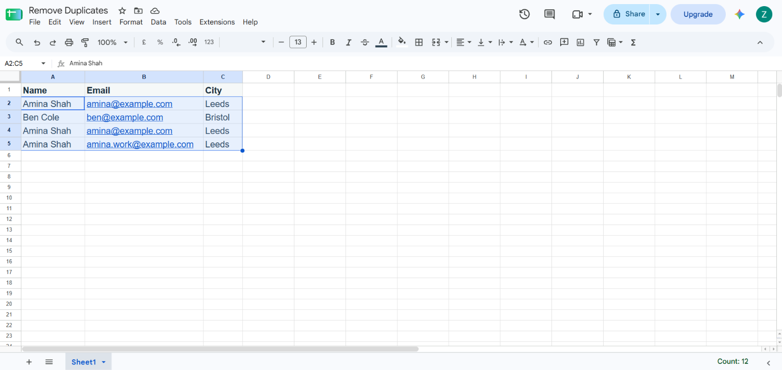 Sample data with duplicate rows in Google Sheets