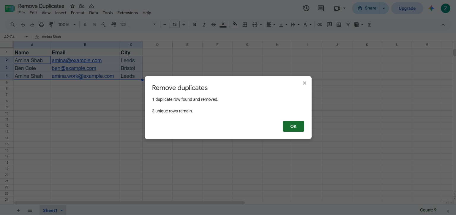 Result showing duplicates have been removed from the sheet