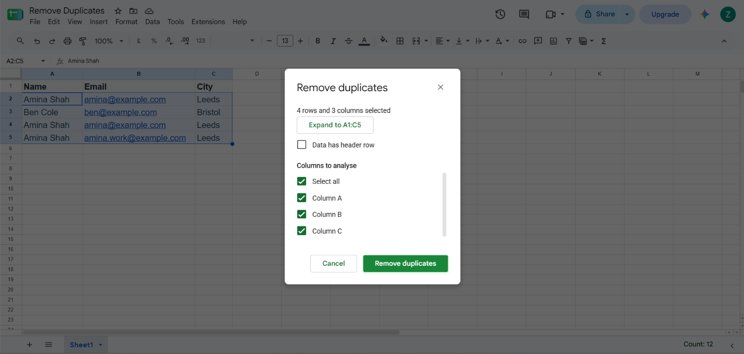 Remove duplicates dialog showing header option and column selection