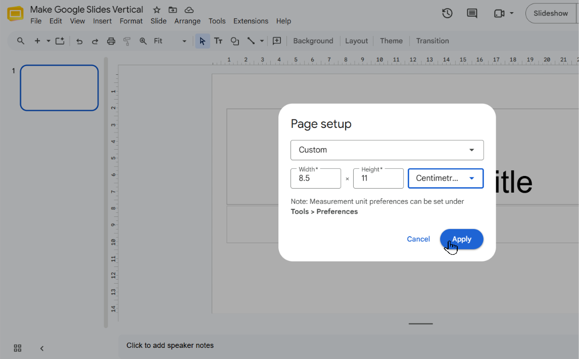 Custom size boxes in Google Slides with a smaller width and a larger height entered