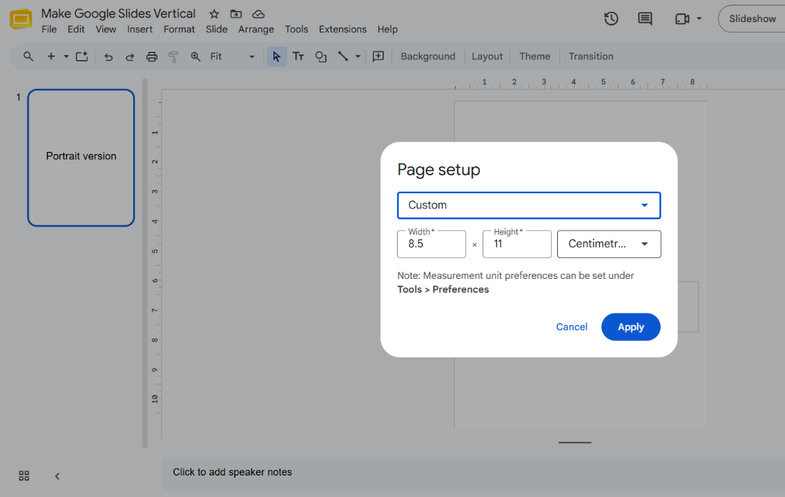 Google Slides Page setup dialog with the Custom size option selected