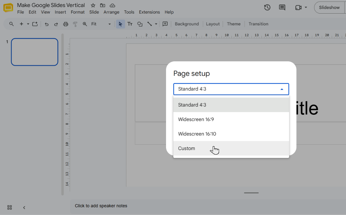 Page setup size dropdown listing Standard 4:3, Widescreen 16:9, Widescreen 16:10, and Custom
