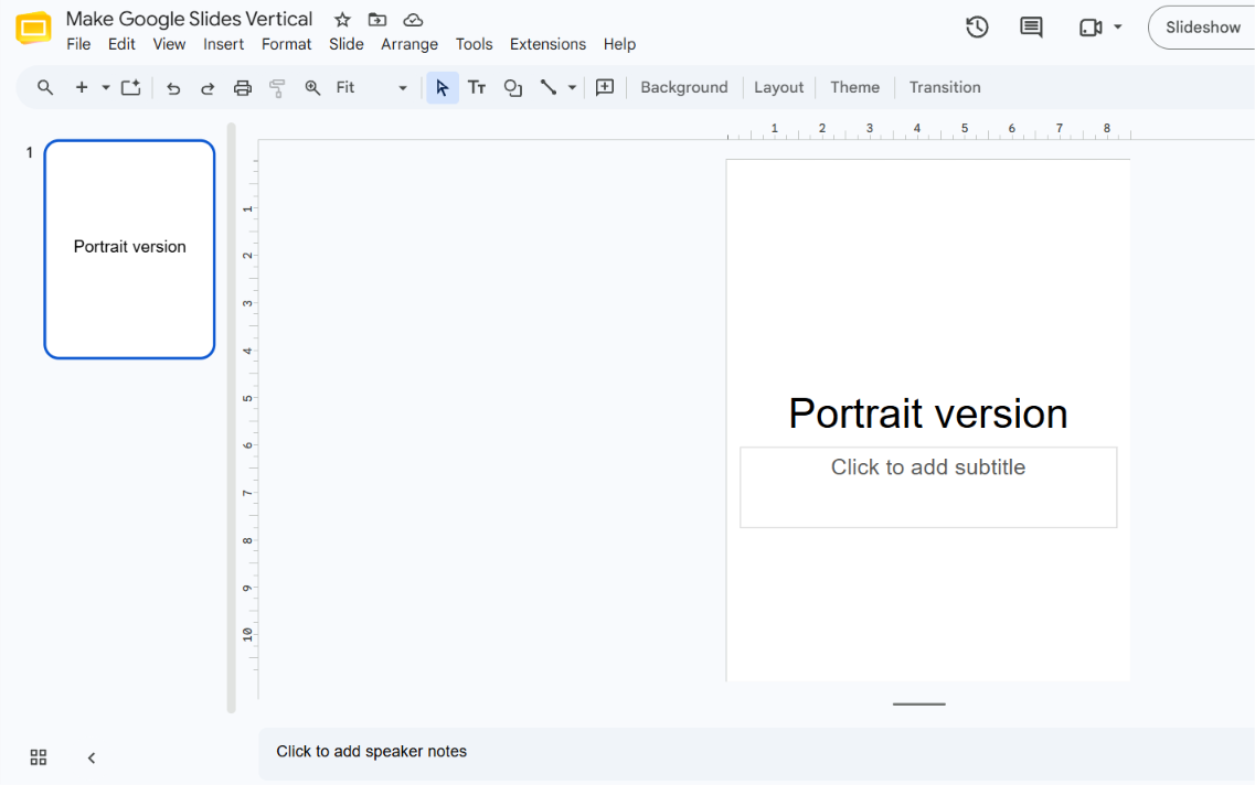 A Google Slides canvas in portrait orientation after applying the custom size