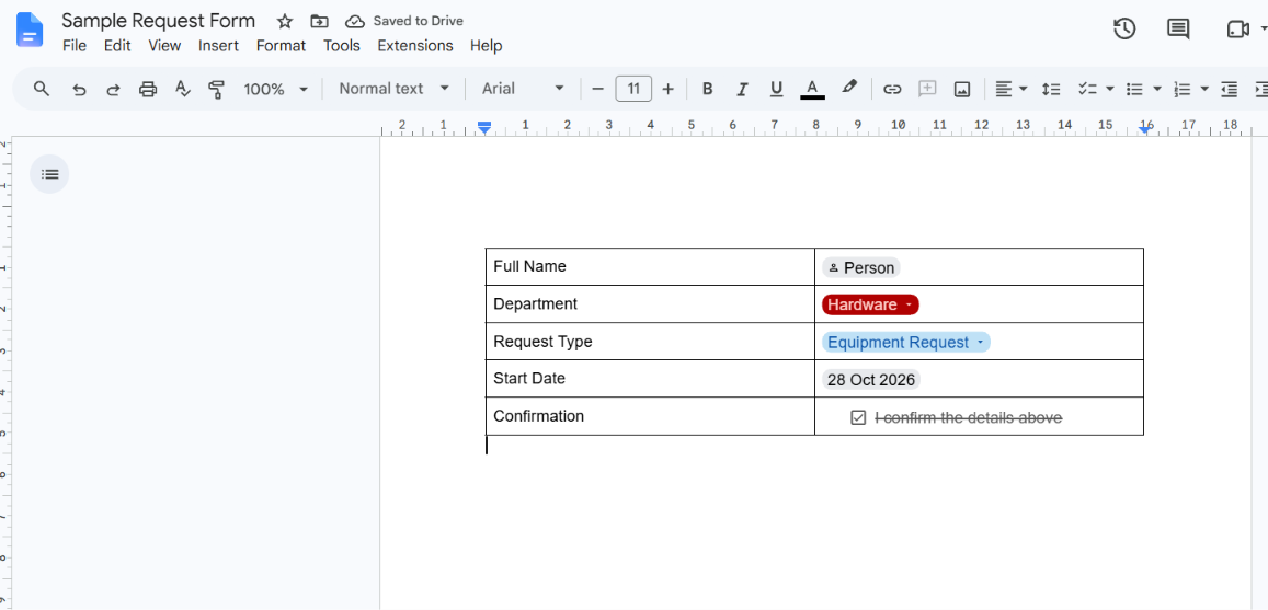 Google Docs form built from a two-column table with a dropdown chip, checkbox, and date chip