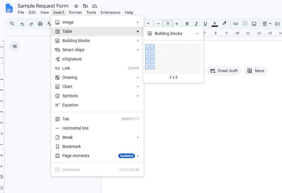 Insert Table menu in Google Docs with a grid of two columns and five rows selected