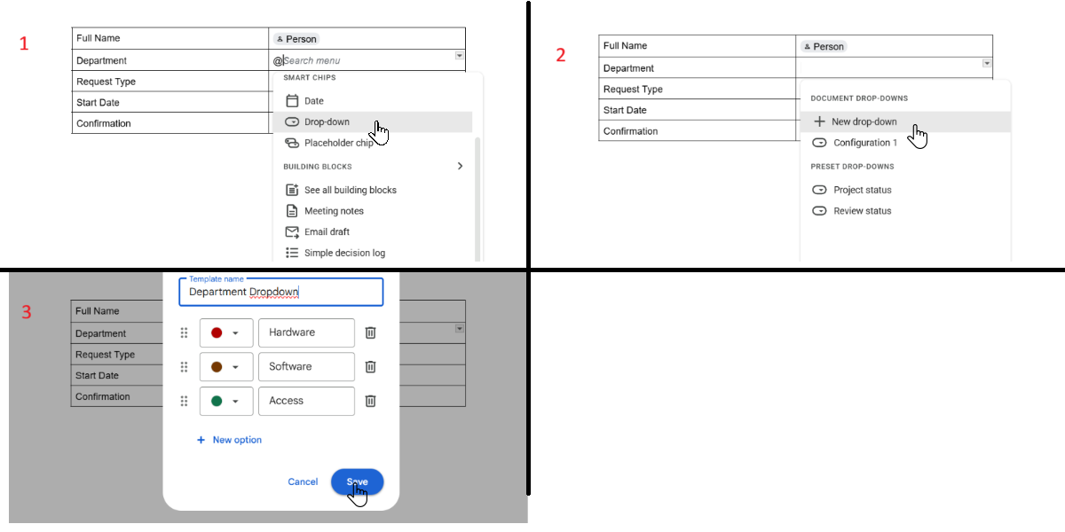 New dropdown dialog in Google Docs with options Hardware, Software, and Access