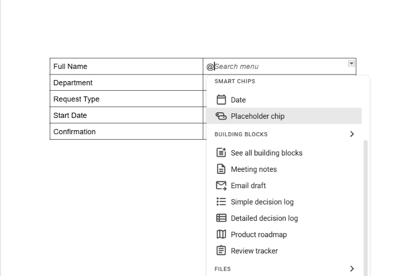 Placeholder chip option in the @ menu of Google Docs