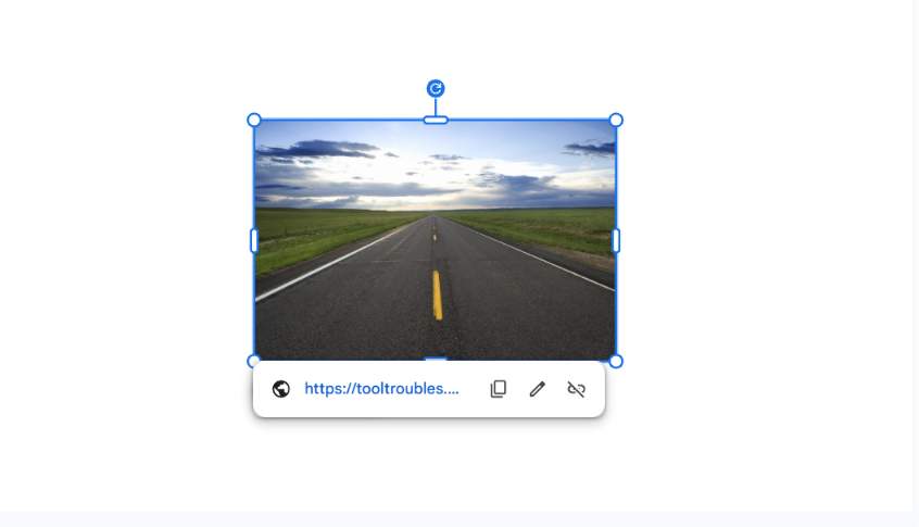 Link pop-up below a linked image in Google Slides showing the Copy, Edit, and Remove options