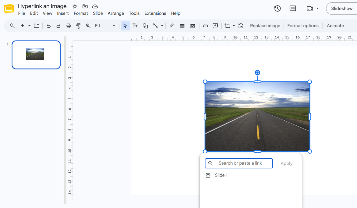 Insert menu in Google Slides with the Link option highlighted while an image is selected