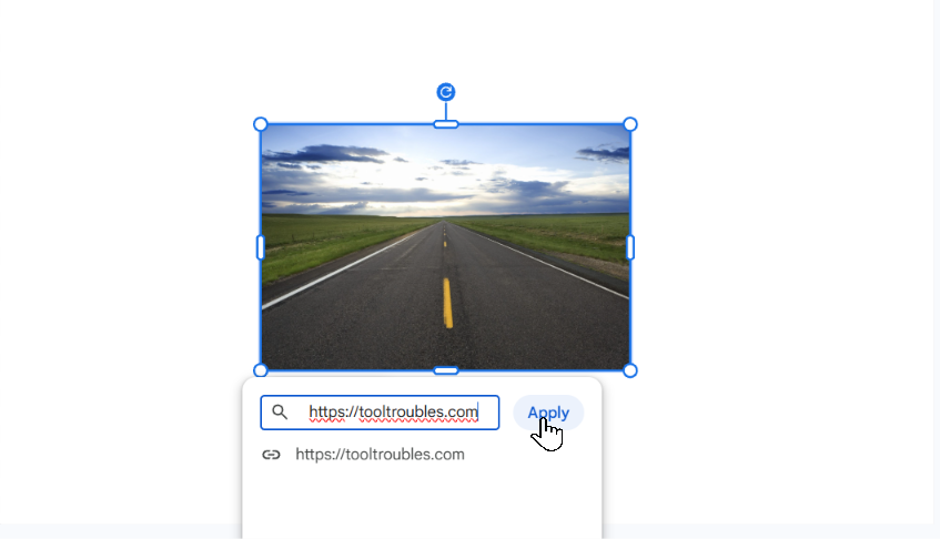 Google Slides link box with a URL pasted for the selected image and the Apply button visible